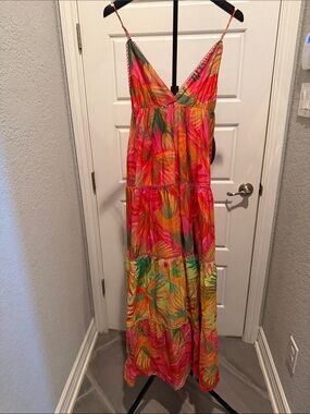 NWT Gorgeous FARM Rio Pink, Orange & Green Tropical Tiered Maxi Dress